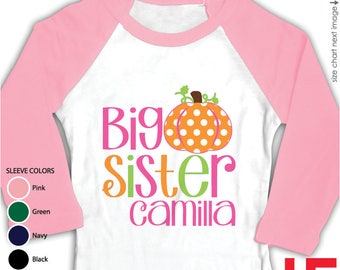 Polka Dot Pumpkin Big Sister Shirt - Fall Pregnancy Announcement Pink Raglan Personalized With Name