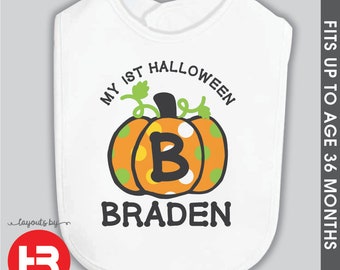 Personalized Baby's First Halloween Bib: Polka Dot Pumpkin Monogram
