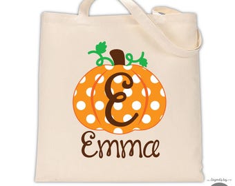 Personalized Polka Dot Pumpkin Halloween Trick or Treat Tote Bag