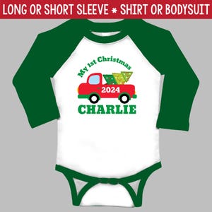 baby&#39;s first Christmas bodysuit - GREEN RAGLAN - Red Christmas Truck - Christmas baby - Personalized 1st Christmas Outfit