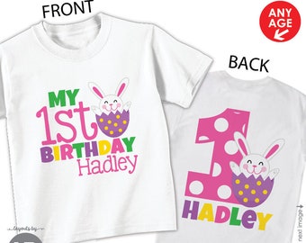Girls Easter bunny birthday shirt or bodysuit - Personalized Easter Outfit - Design on Front & Back - monogrammed with ANY AGE