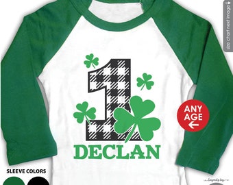 St. Patrick's Day Birthday Shirt or Bodysuit - Green Raglan or Black Raglan - ANY AGE - Personalized Black Buffalo Plaid Birthday Shirt