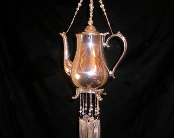 Wind Chimes Silver Plate Vintage Teapot Silverware Unique Handmade Whimsical