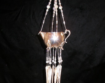 SALE Wind Chimes Silver Plate Creamer with Silverware Unique Whimsical Upcycle