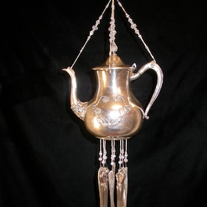 Wind Chimes Silver Plate Teapot Silverware Unique Vintage Handmade Repurposed Whimsical