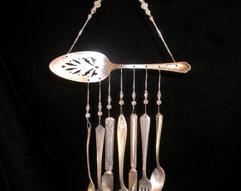 Wind Chimes Silver Plate Pie Server with Silverware Unique Vintage Whimsical Upcycled