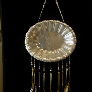 SALE Wind Chime Silver Plate Tray with Silverware Unique Vintage Whimsical Handmade Upcycle