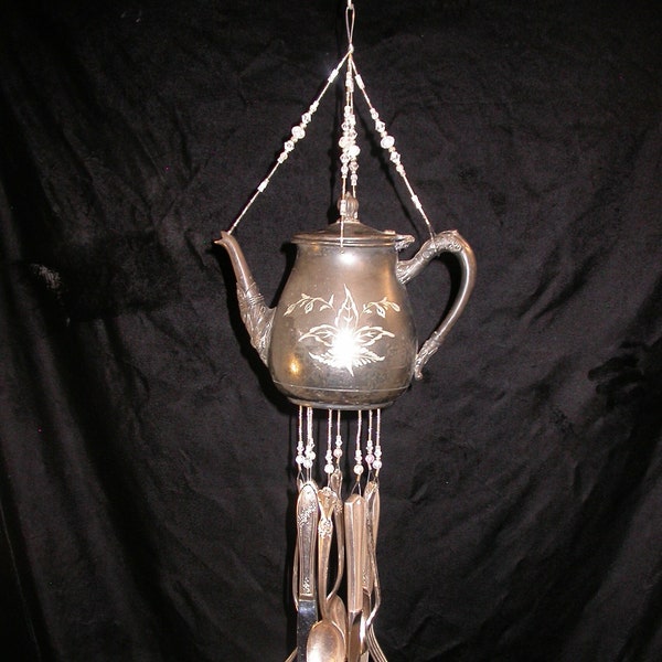 Wind Chimes Silver Plate Teapot Silverware Unique Vintage Handmade Repurposed Whimsical