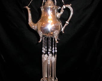 Wind Chimes Silver Plate Vintage Teapot Silverware Unique Handmade Whimsical