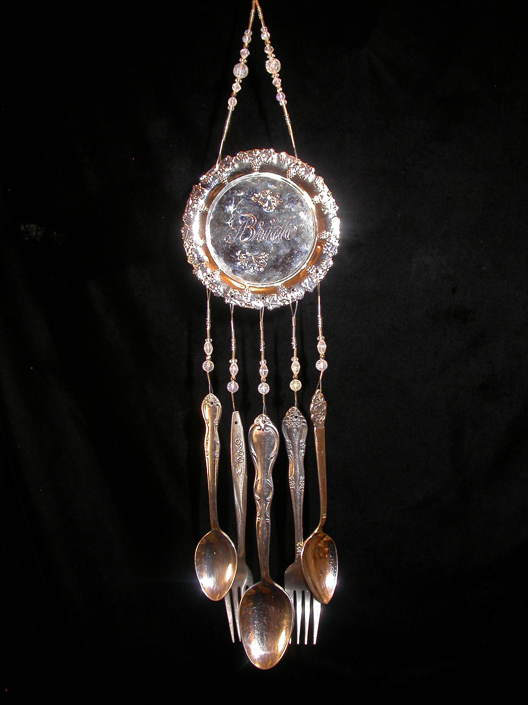Wind Chimes Bride Coaster with Silverware Unique Vintage Whimsical Repurposed