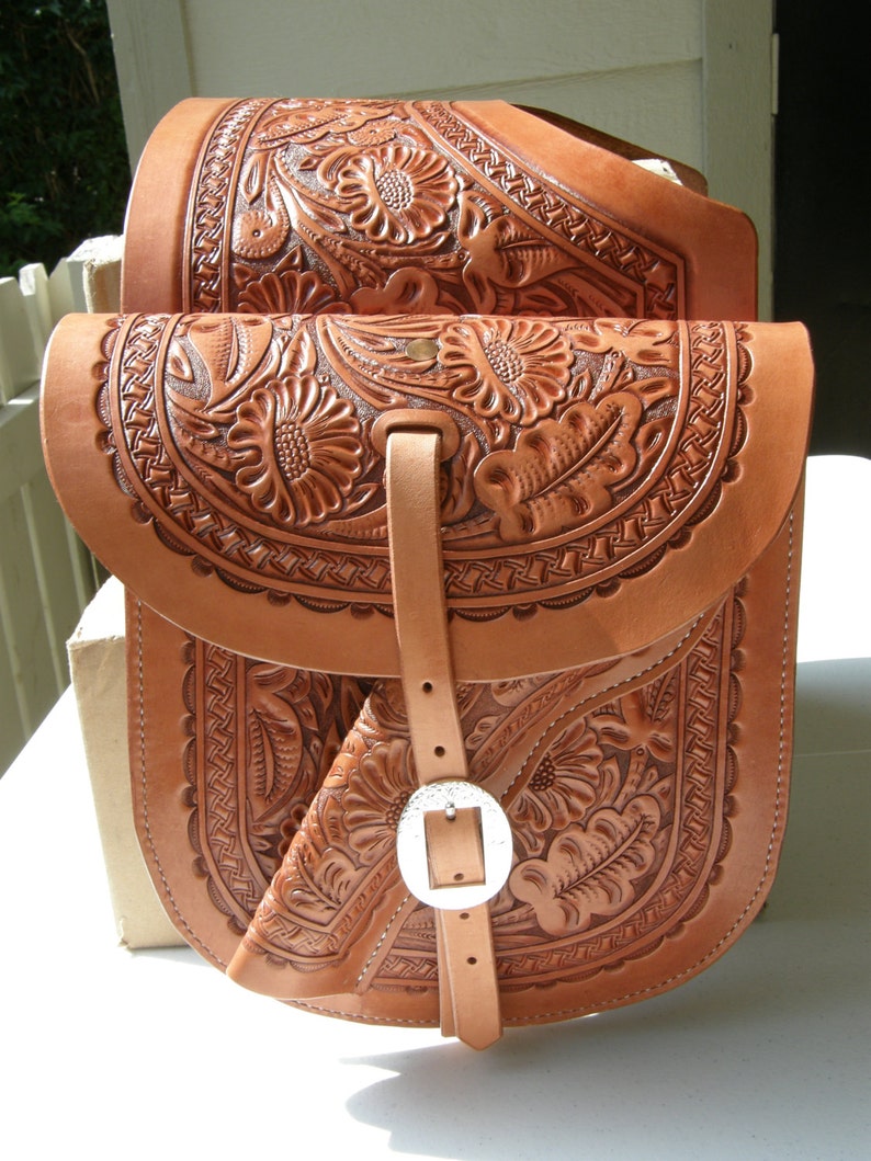 Hand Tooled Western Leather Saddle Bags Etsy