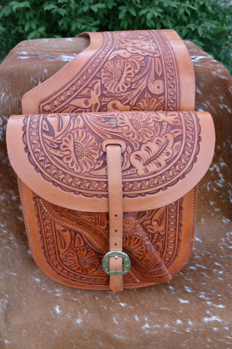 Hand Tooled Western Leather Saddle Bags Etsy