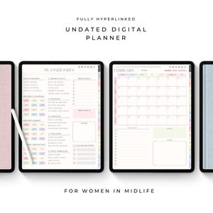 May include: Digital planner on tablets, featuring a planner index, calendar, and daily planner pages. The text reads "FULLY HYPERLINKED UNDATED DIGITAL PLANNER" and "FOR WOMEN IN MIDLIFE."