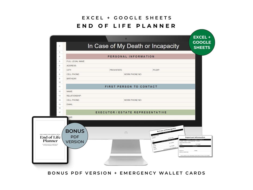 End of Life Planner Spreadsheet | Google Sheets & Excel Funeral and ...