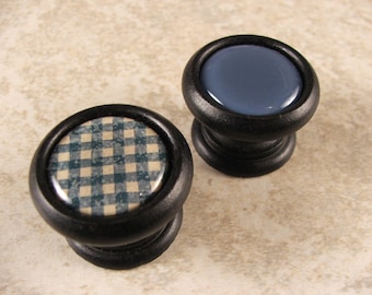 Handmade Gingham Check and Solid Blue Decorative Cabinet Knobs...Price is for 1 Knob (Discount Quantities Available)