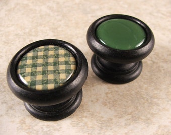 Handmade Gingham & Solid Green Cabinet Knob, Maple Wood