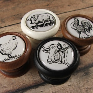 Peut inclure: Quatre boutons en bois avec des illustrations en noir et blanc d'animaux de ferme. Les boutons sont de différentes couleurs, notamment blanc, marron et noir.