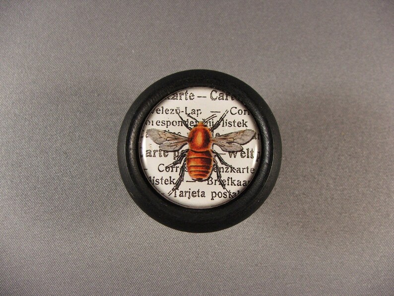 Op de afbeelding: Een zwarte ronde knop met een glazen inzet met een vintage illustratie van een bij op een witte achtergrond met tekst in het Duits. De tekst luidt "arte - Care Velez-Lar Cor esponderlistek arte p welt Corr Anzkarte istek Briefkaar Tarjeta posta".