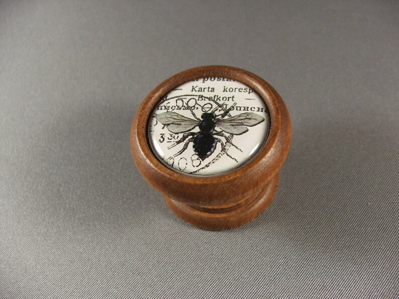 Op de afbeelding: Een houten knop met een ronde glazen bovenkant met een zwart-witte afbeelding van een bij met tekst in een vreemde taal.