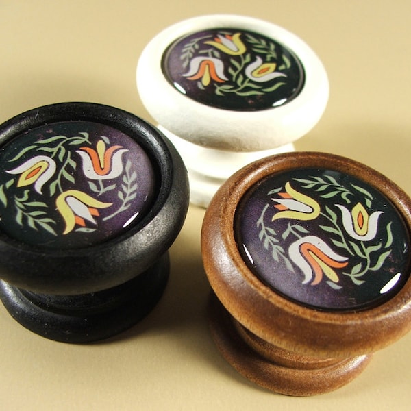 Pomo de armario floral escandinavo Rosemaling, madera de arce