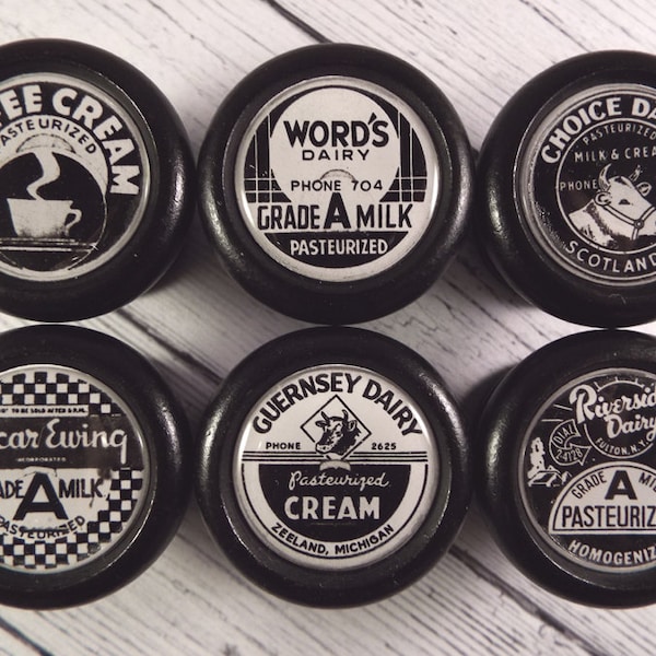 Milk Bottle Cap Knob: Black & White Decorative Maple Knob