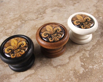Handmade Fleur De Lys Knob, Pull, Handle in Wood for Cabinet Door, Furniture Handle...Price is for 1 Knob (Quantity Discounts Available!)