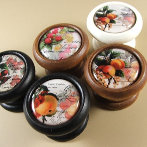 Peut inclure: Cinq boutons décoratifs pour armoire avec un motif de fruits et de fleurs. Les boutons sont en bois et ont une forme ronde. Les motifs comprennent des cerises, des pêches et des fleurs. Les boutons sont de différentes couleurs, notamment noir, blanc et marron.