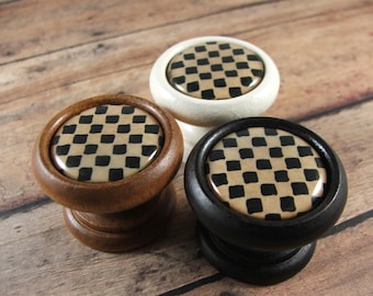 Folk Art Check Knobs, Pulls, Handles in Wood...Price is for 1 Knob (Discount Quantities Available)