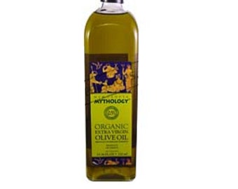 May include: A glass bottle of Greek Mythology Organic Extra Virgin Olive Oil. The bottle is green and has a label with a blue and gold design featuring Greek mythology figures. The label also includes the brand name "Greek Mythology" and the text "Organic Extra Virgin Olive Oil".