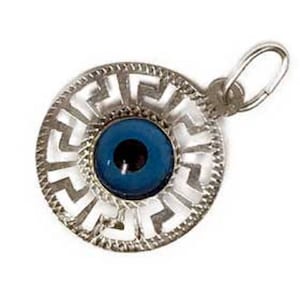 Srebrny wisiorek w kształcie złego oka w stylu greckim z obramowaniem w kształcie klucza greckiego (15 mm)