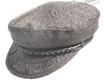 May include: A gray wool sailor cap with a braided rope band and a decorative embroidered design. The cap has a rounded crown and a flat brim.
