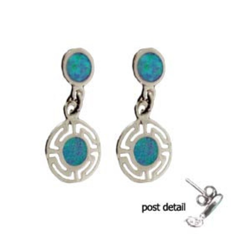 Sterling Silver Dangle Earrings Circle Greek Key & Opal 8mm image 1