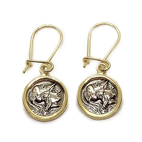 Two Tone 18K Gold Plated Sterling Silver Athena Coin Hoop Earrings