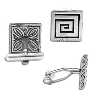 Sterling Silver Cufflinks - Double Sided Greek Key and Floral Square (13mm)