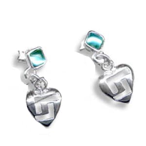 Sterling Silver Greek Key Heart-Shaped Dangle Earrings (Clear Turquoise)