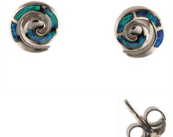 Sterling Silver Earrings - Greek Swirl Motif and Opal (8mm)