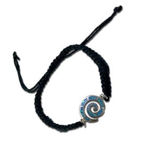 May include: Black braided cord bracelet featuring a silver-toned spiral charm inlaid with blue and white iridescent stones. The bracelet has an adjustable sliding knot closure for a comfortable fit.