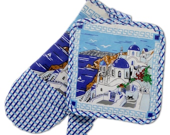 Four décoratif Santorini Paysage Mitt et Potholder 2 pc. mettre