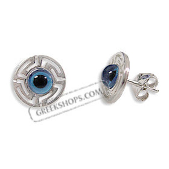 Pendientes de plata de Mal ojo Mati con llave griega 10 - Etsy España