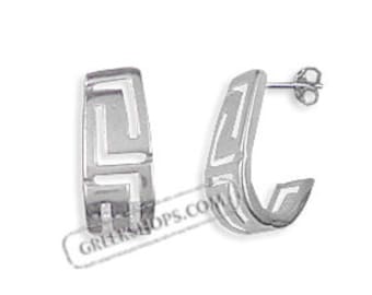 Sterling Silver Hoop Earrings - Greek Key Curve (16mm)