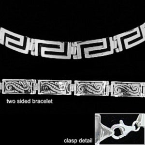 Sterling Silver Bracelet - Two Sided w/ Greek Key and Floral Motif (7mm), Imported From Greece