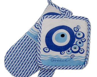 Decorative Oven Evil Eye Mitt and Potholder 2 pc. Set