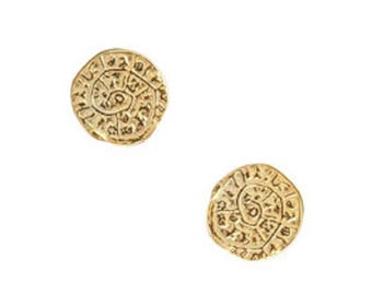 Ancient Greek Minoan Phaistos Disk, Yellow Gold Plated Sterling Silver Small Stud Earrings