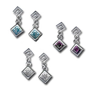 Sterling Silver Dangle Earrings - Greek Key Motif with Diamond (25mm)