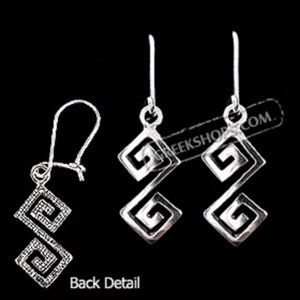 Sterling Silver Hook Earrings - Handcrafted Double Greek Key Motif Links (38mm)