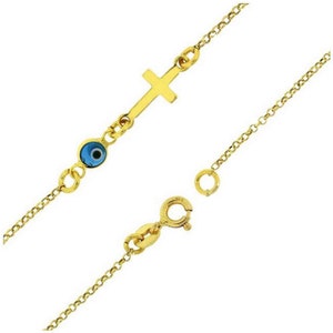 Gold Plated Sterling Silver Evil Eye and Cross Thin (1mm) Bracelet