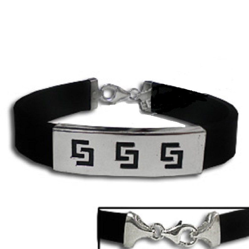 Rubber Bracelet 1cm Sterling Silver Medium Triple Greek Key Cutout
