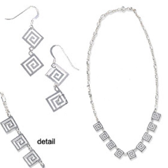Sterling Silver Necklace Earring Set Handcrafted Greek Key Motif