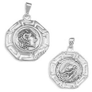Sterling Silver Pendant - Ancient Tetradrachm Silver Coin with Greek Key Octagon (31mm)