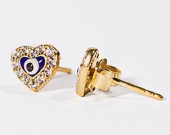 Greek 24K Gold Overlay Heart Shaped Evil Eye Earrings w/ Cubic Zirconia 8mm